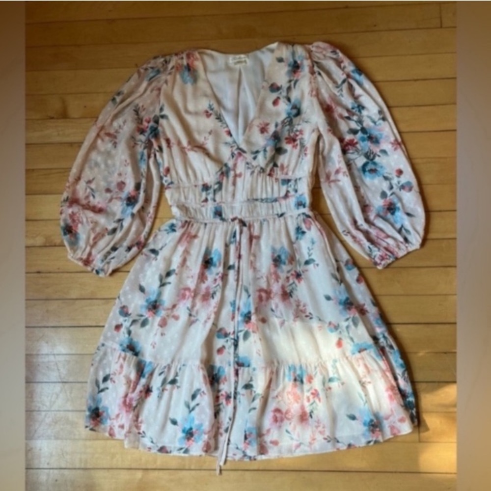 Shoshanna Cottagecore Floral Puff Sleeve Mini Pink/Blue Dress Size 0 Fit Flare